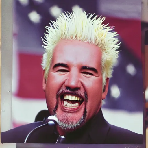 Prompt: press photo of President Guy Fieri, State of the Union Address, symmetrical face!!, cinematic lighting, award winning photo, press photo, kodak 2383 film, low contrast!!, (((orange))), washed out colors