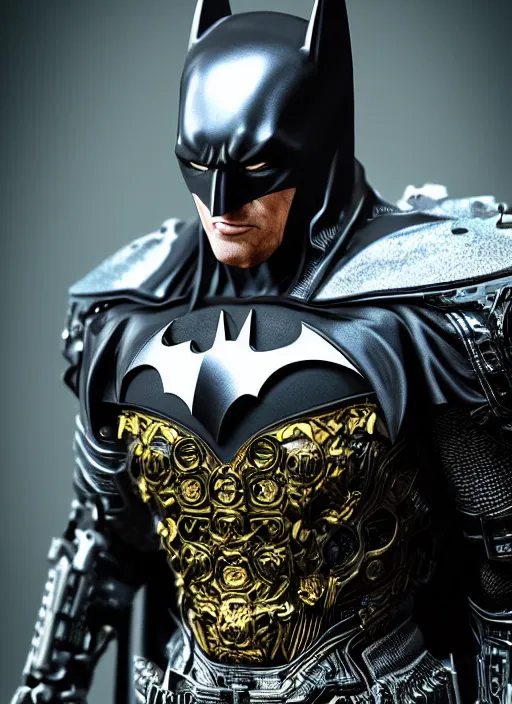 Image similar to hyper realistic batman in a obsidian metal armor, futuristic design, designed by makoto kobayashi and luca zampriolo, portrait, cyberpunk style, wood and gold details, intricate, extremely detailed, ornate, deep of field, hard surface, exoskeleton, substance designer metal unreal engine. amazing likeness. very detailed.