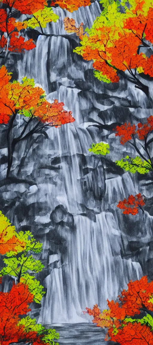 Prompt: an endless waterfall, autumn colour splash, painted with a thick brush, detailed sumi - e illustration