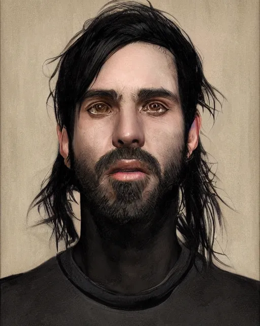 Image similar to portrait of a 3 2 - year - old man wearing black clothes, with black, greasy, mid - length hair, hooked nose, dark brown eyes, yellow uneven teeth, highly detailed, digital painting, artstation, concept art, smooth, sharp focus, illustration, art by artgerm and greg rutkowski and alphonse mucha