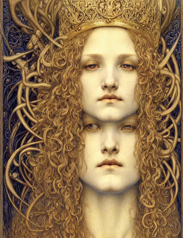 Image similar to detailed realistic beautiful young medieval queen face portrait by jean delville, gustave dore and marco mazzoni, art nouveau, symbolist, visionary, gothic, pre - raphaelite. horizontal symmetry