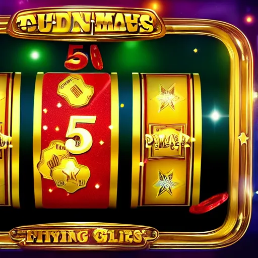 Image similar to A slot machine showing five stars and pouring out golden coins, realistic, unreal,