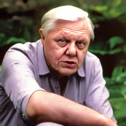 Prompt: evil david attenborough with red eyes destroys the environment, horror, full body, dystopian future