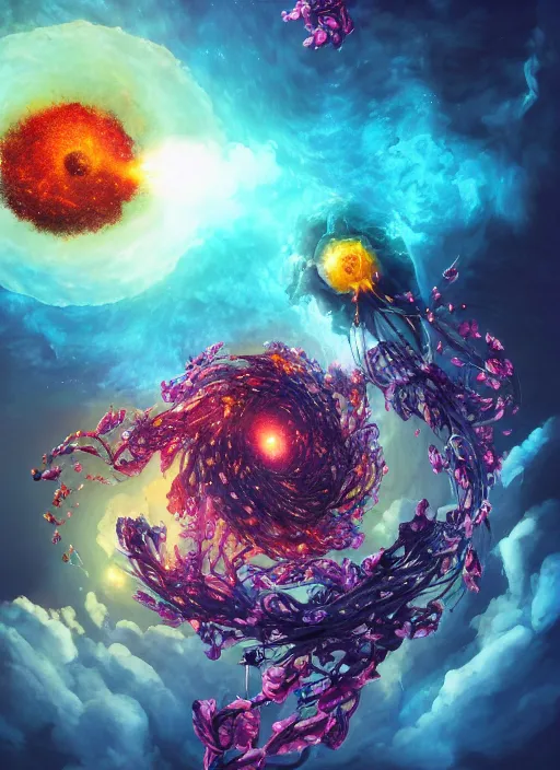 Image similar to An epic fantastic realism comic book style painting of the most beautiful spiraling entwined flowers launched explosively across the dark spinning galaxy, floating bouquets, fisheye lens, unreal 5, DAZ, hyperrealistic, octane render, dynamic lighting