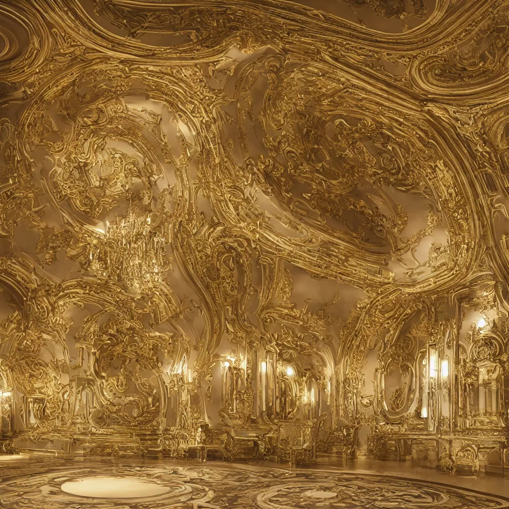 Image similar to an incredibly smooth curvilinear neo baroque interior architectural modern design, a golden pool on the ground, visually highly satisfying architecture render