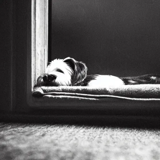 Image similar to a photograph of an old yorkish terrier sleeping on a couch below a window