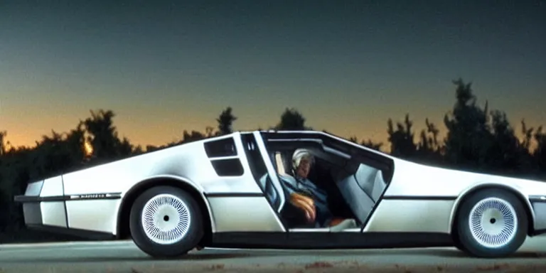 Image similar to photoreal Cinematography of the Delorean from back to the future shot on film by Dean Cundey at night in the style of the 1985 film Back To The Future Photorealisticly