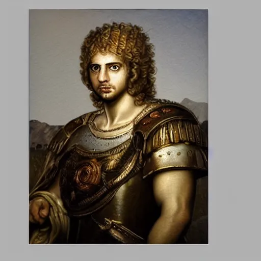 Image similar to A 17th century Baroque Painting of Alexander the Great, portrait of Alexander the Great, grainy, realistic, very realistic, hyperrealistic, highly detailed, very detailed, extremely detailed, very neat, very epic, very cool, detailed, trending on artstation