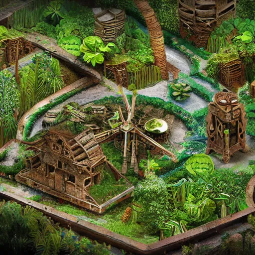 Image similar to A tribal village inside a clockwork dome, detailed and fully realized immersive dystopian verdant reclamation or natural ways, realistic, natural rusted technology