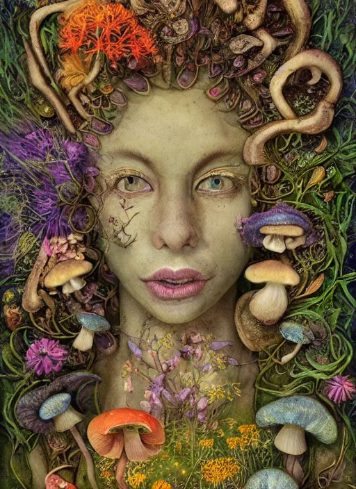 Prompt: arabesques grotesque painting with mushrooms, dandelions, crystals, ferns, beautiful fairy faces mixed in, by james jean and hiroshi yoshida and brian froud, photo, textured, colorful, 8 k resolution