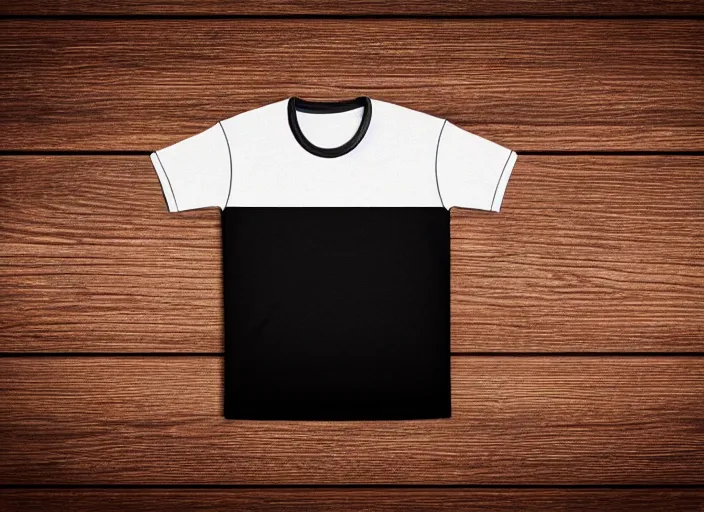 Prompt: clear highly detailed photorealistic mockup product photograph of a blank black tshirt on a wooden background