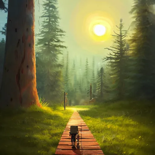 Image similar to a walking wood and metal house with two mechanical legs and one big eye, smoky chimney, rust, hyperrealistic, highly detailed, cinematic, single ray of sun, morning, pareidolia, dynamic composition, gravity falls style, ghibli style, beautiful, pine trees in the background, cgssociety, artstation, 8 k, oil painting, digital art