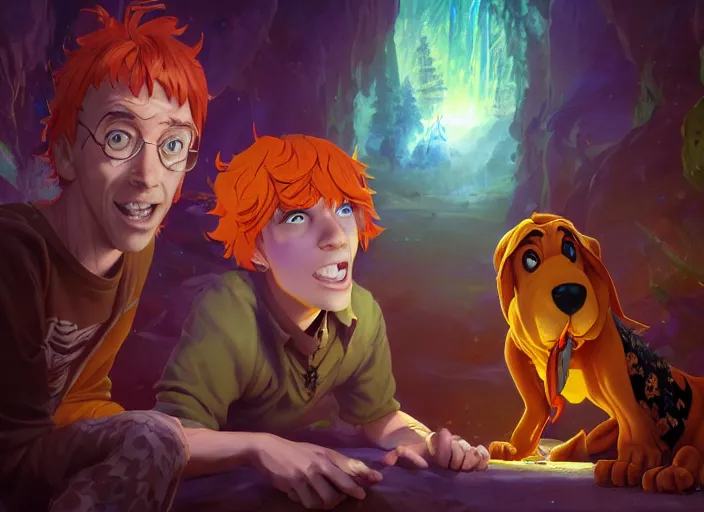 Image similar to highly detailed portrait of scooby doo and shaggy, in no game no life, stephen bliss, 8 k, unreal engine, fantasy art by greg rutkowski, loish, rhads, ferdinand knab, makoto shinkai and lois van baarle, ilya kuvshinov, rossdraws, tom bagshaw, global illumination, radiant light, detailed and intricate environment