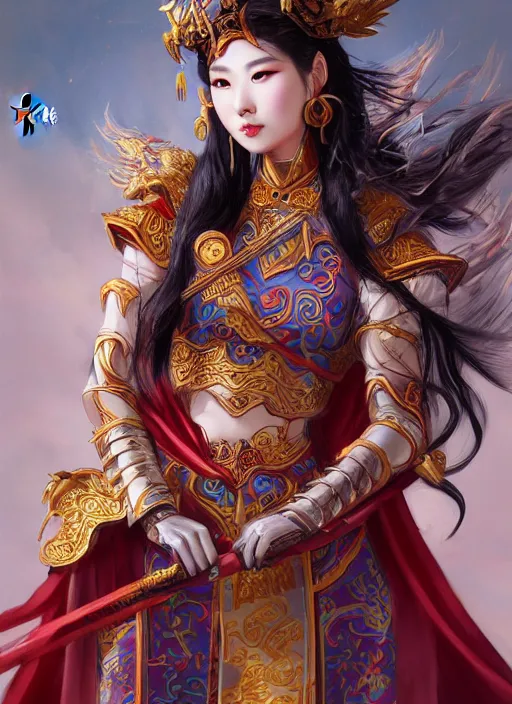 Prompt: chinese mythology, a beautiful chinese queen by huang guangjian, artgerm, ross tran, fenghua zhong, perfect body - shape, full - length portrait, symmetrical face, celestial being, fantasy elf armor, hyperreality, artstation, final fantasy, symmetrical, elite, luxury, morandi color scheme