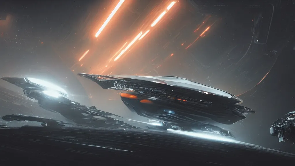 Image similar to a photorealistic dramatic hyperrealistic full frame render of a futuristic interstellar spacecraft, ultra realistic details, glossy white metal, orange racing stripes by greg rutkowski, james paick, nicolas bouvier sparth, ben mauro, ilm, beautiful dramatic dark moody tones and lighting, cinematic atmosphere, studio lighting, shadows, dark background, octane render, 8 k