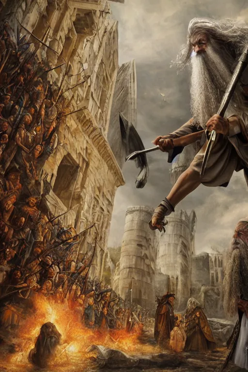 Image similar to gandalf attacks ancient athens, oil on canvas, intricate, 8 k highly professionally detailed, hdr, cgsociety