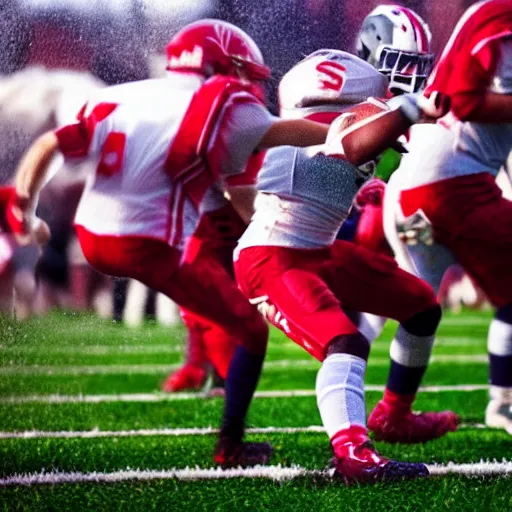 Prompt: low angle shot of football players made of yarn about to collide, dramatic lighting, shallow depth of field, football players are made of yarn