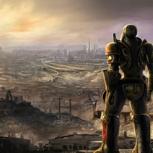 Prompt: man in fallout 3 power armor on a high cliff looking at a nuclear bombed city off in the distance, high resolution fantasy concept art, realistic, intricate details, soft lighting