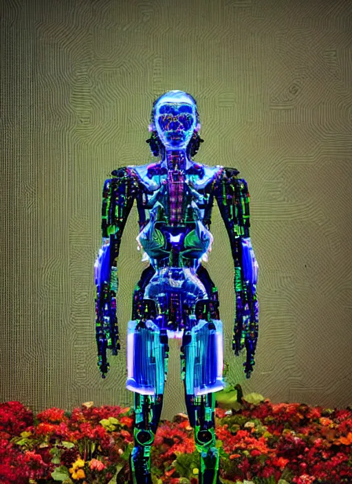 Prompt: a hybrid humanoid cyborg built with cybernetic material and wood, herbs and multicolored flowers, hyperspectral imaging, multispectral imaging, perspective, colorful, spectral color, refractive,