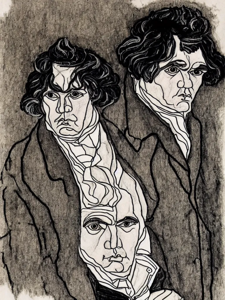 Image similar to a detailed line art portrait of writer beethoven, inspired by the work of egon schiele.