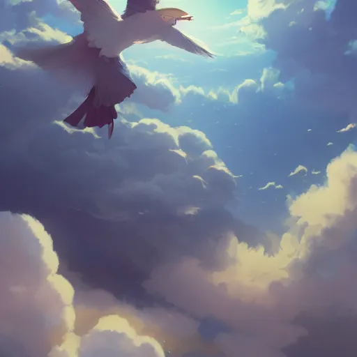 Prompt: magical bird, flying above the clouds, cgsociety masterpiece, artstation trending, by rossdraws, ghibli, kimi no na wa, greg rutkowski, simon stalberg, greg manchess