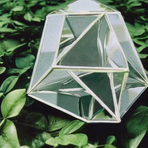 Prompt: grainy Polaroid film photograph of a highly reflective chrome octahedron in a tropical greenhouse. super resolution. surreal. Extremely detailed. Polaroid 600 film. by Annie Leibovitz and Richard Avedon