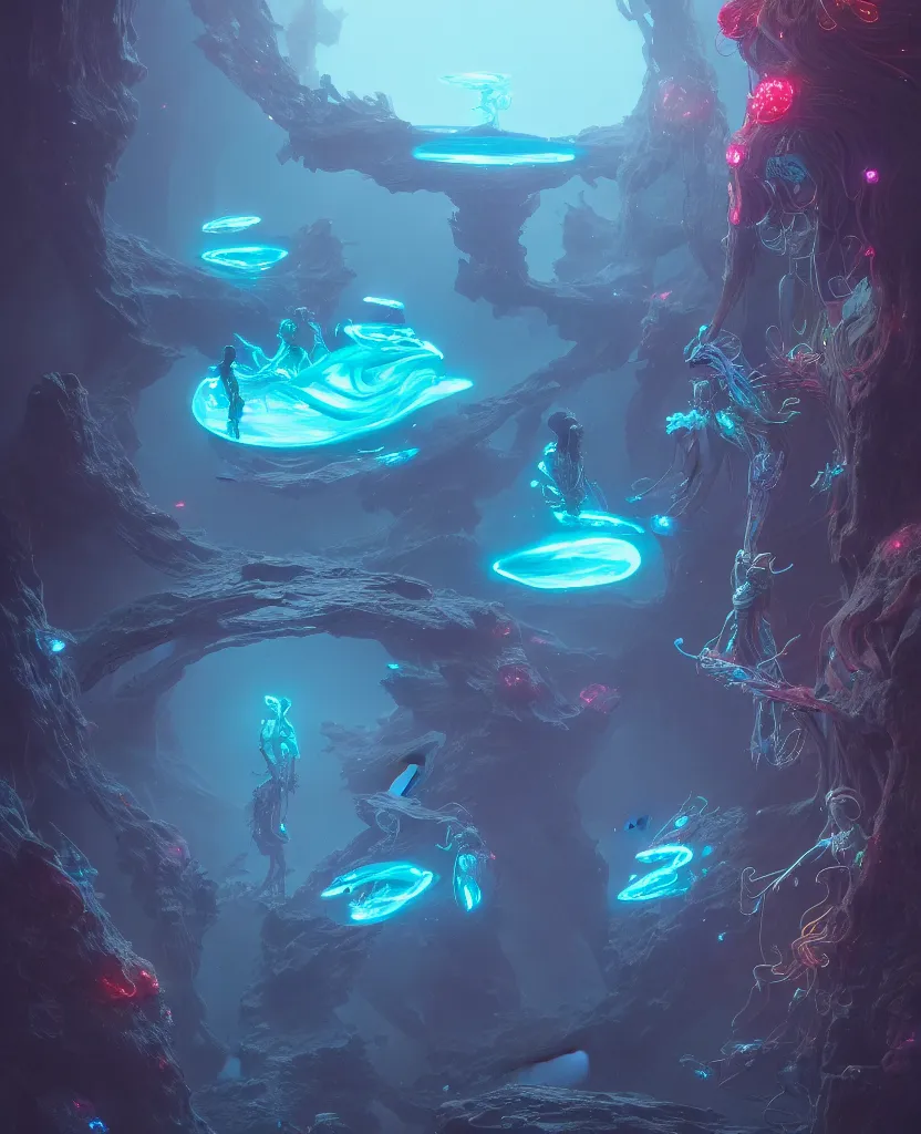 Image similar to the three fates. bioluminiscent creatures, intricate artwork by Tooth Wu and wlop and beeple. octane render, trending on artstation, greg rutkowski very coherent symmetrical artwork. cinematic, hyper realism, high detail, octane render, 8k