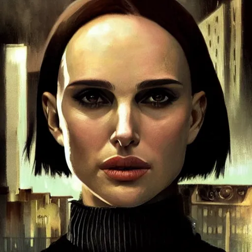 Prompt: closeup portrait of natalie portman from the movie leon the professional, hair in a blunt bob, hitman, city background, dramatic light, gorgeous view, depth, high detail, digital art, painted by greg rutkowski and seb mckinnon, by tim burton, trending on artstation