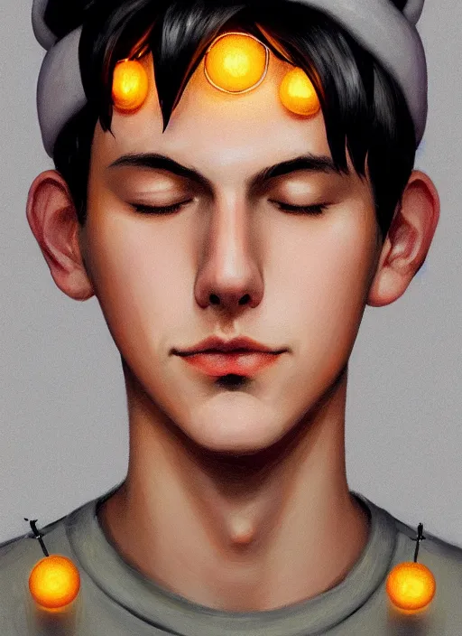 Image similar to portrait of teenage jughead jones wearing a light grey crown, crown, hamburger background, eyes closed, crown, black hair, orange, intricate, elegant, glowing lights, warm lighting, highly detailed, digital painting, artstation, concept art, smooth, sharp focus, illustration, art by wlop, mars ravelo and greg rutkowski