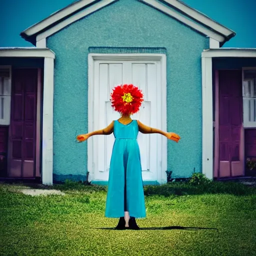 Prompt: giant flower head, full body, girl standing by 1 9 6 0 house, surreal photography, symmetry, mid century, flat light, bright colours, blue sky, realistic, wes anderson