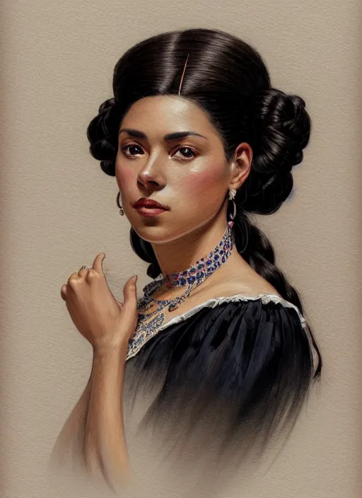 Image similar to 3 / 4 view of a portrait of a hispanic woman in victorian clothing, confident pose, intricate, elegant, sharp focus, illustration, highly detailed, concept art, matte, trending on artstation, anime, art by james jean and artgerm and brian despain and alberto mielgo, greg rutkowski, wlop, ilya kuvshinov, strong strokes