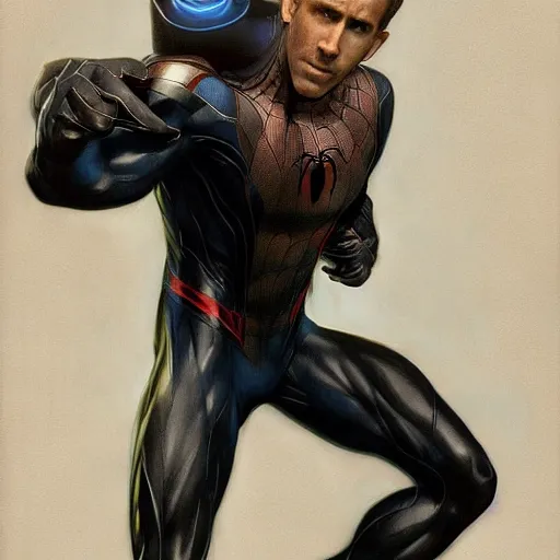 Image similar to ryan reynolds as a black and blue suit spider - man, cinematic, volumetric lighting, f 8 aperture, cinematic eastman 5 3 8 4 film, photorealistic by greg rutkowski, by stanley artgerm, by alphonse mucha