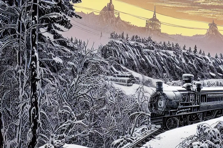 Image similar to trans - siberian express train ultrafine drawing by joe fenton and syd mead and p. craig russell and barry windsor - smith, artstation, 4 k, graphic novel, concept art, matte painting, beautiful russian winter landscape sunset background, golden hour, art nouveau, sharp