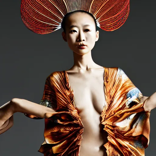 Image similar to a japanese model wearing a kimono designed by iris van herpen, photographed by andrew thomas huang