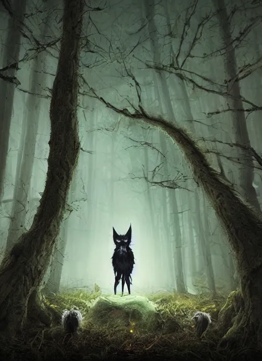 Image similar to a ominous furry creature with long twisted ears standing in a forest, big yellow glowing eyes, dark fantasy, michael kutsche, concept render, cinematic lighting