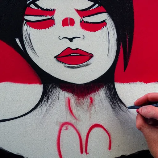 Image similar to a woman graffiti drawn on a white wall with a red felt - tip pen. a woman's eyes are made up of compound eyes.