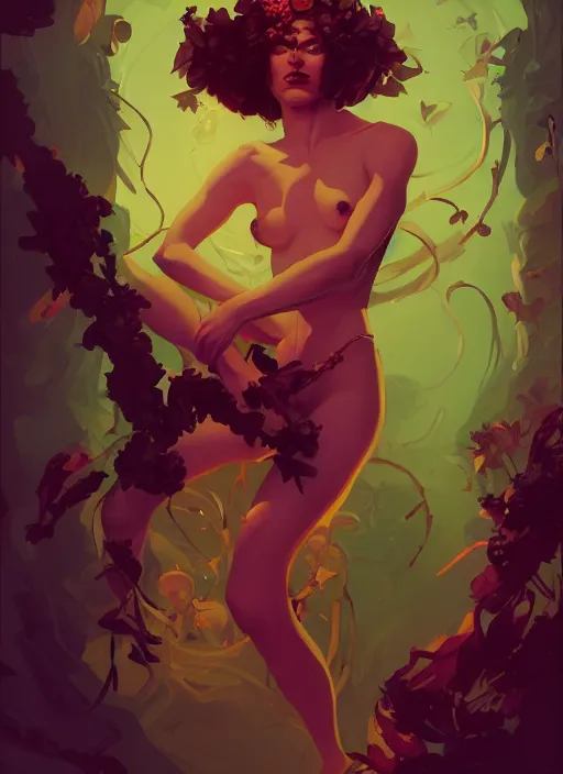 Prompt: Dionysus in a Pleasure house, in the Style of Artgerm and Charlie Bowater and Atey Ghailan and Mike Mignola, vibrant colors and hard shadows and strong rim light, Comic Cover Art, plain background, trending on artstation