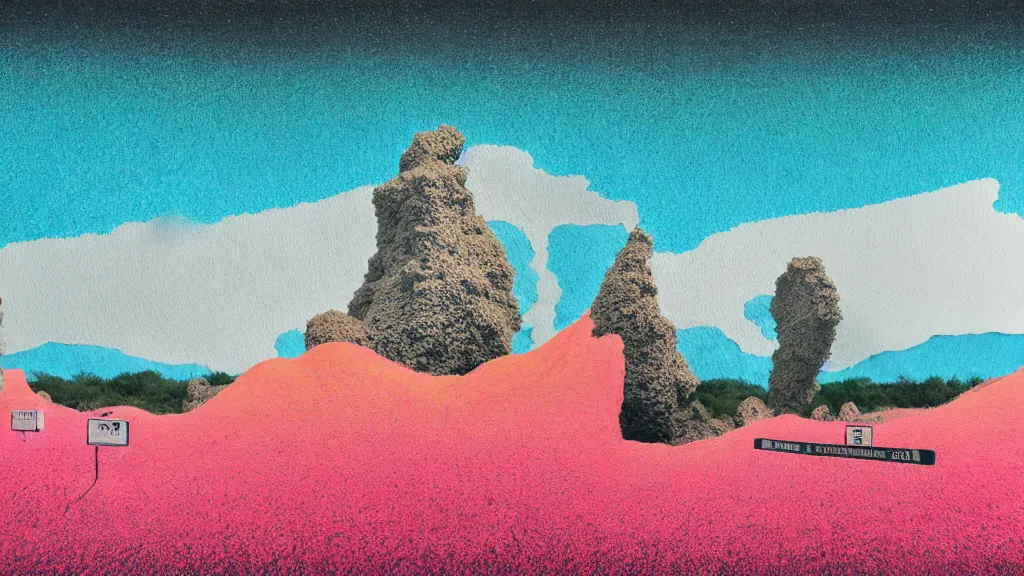 Prompt: kyushu natural landmark, a collage painting, in the style of wes anderson, lola dupre, david hockney, isolated on negative space background dark monochrome neon spraypaint accents volumetric octane render