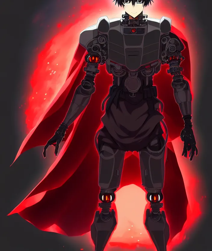 Image similar to a detailed manga illustration character full body portrait of a dark haired cyborg anime man who has a red mechanical eye and is wearing a cape, trending on artstation, digital art, 4 k resolution, detailed, high quality, sharp focus, hq artwork, insane detail, concept art, character concept, character illustration, full body illustration, cinematic, dramatic lighting