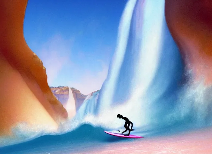 Image similar to a beautiful digital painting of a Duke Kahanamoku surfing a dangerous white and royal blue tsunami at Antelope Canyon on a chic surfboard at Pamukkale, thermal waters flowing down gold travertine terraces by greg rutkowski, award winning photo, ethereal and dreamy pink clouds, trending on artstation, highly detailed, unreal engine, octane render