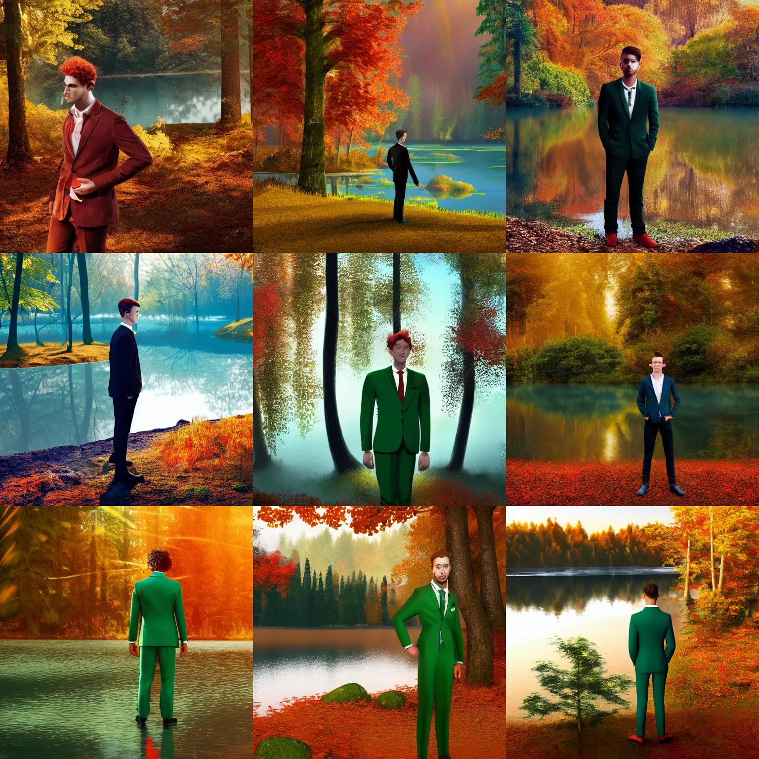 Prompt: A young man with scarlet red-tipped green curly hair wearing a cream suit standing in front of a lake in a forest during autumn during, golden light, digital art, concept art, ArtStation, 4K, 8K