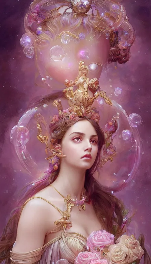 Prompt: portrait of stunning Goddess of magic, dreamy and ethereal, expressive pose, big pink eyes, peaceful expression, ornate frilly dress, fantasy, intricate, elegant, many rainbow bubbles, rose tones, highly detailed, digital painting, artstation, concept art, smooth, sharp focus, illustration, art by artgerm and greg rutkowski and alphonse mucha