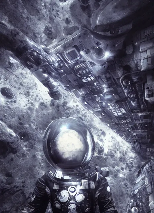 Image similar to complex poster by craig mullins astronauts in futuristic dark and empty spaceship underwater. infrared complex and hyperdetailed technical black suit. mandelbulb fractal. reflection and dispersion materials. rays and dispersion of light. volumetric light. 5 0 mm, f / 3 2. noise film photo. flash photography. unreal engine 4, octane render