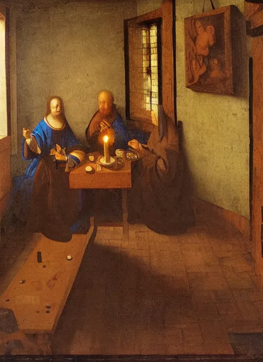 Image similar to a candlelit table at the inn, two people sitting at the table, swirling smoke, dark smoke, realistic, in the style of leonardo da vinci, dutch golden age, amsterdam, medieval painting by jan van eyck, johannes vermeer, florence