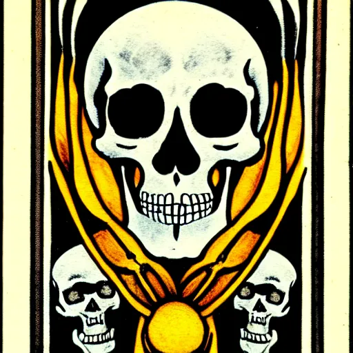 Image similar to tarot cards with skeletons skulls and roses, art nouveau, sharp,