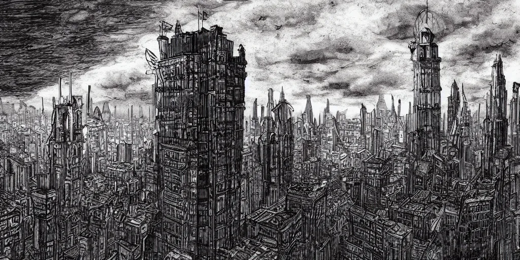 Image similar to pen and ink illustration, city buildings on top of tall structure, over the ocean, tall arches, sky high, buildings in the clouds, fading off to the horizon, steam punk, artstation