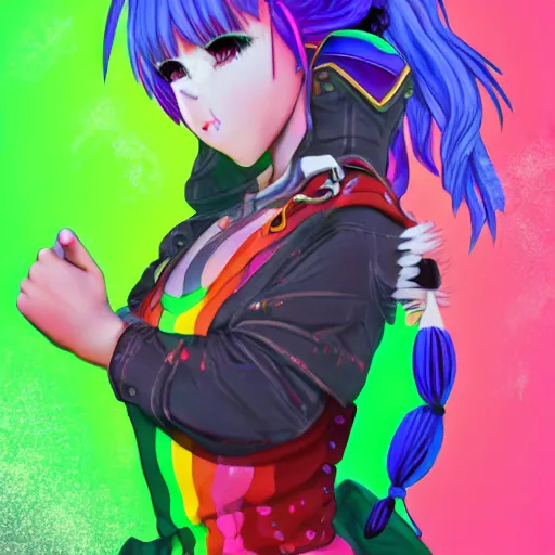 Image similar to full body pose, hd, manga anime portrait of a fairy girl in combat boots and overalls, rainbow hair, in ishikawa ken style, detailed trending award winning on flickr artstation,