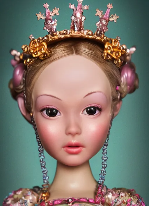 Image similar to closeup face profile portrait of tin toy fairytale princess wearing a crown, bikini, depth of field, zeiss lens, detailed, symmetrical, centered, fashion photoshoot, by nicoletta ceccoli, mark ryden, lostfish, breathtaking, 8 k resolution, extremely detailed, beautiful, establishing shot, artistic, hyperrealistic, octane render