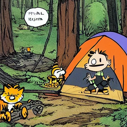 Prompt: Calvin and Hobbes camping in the forest