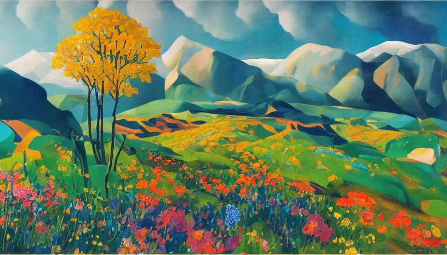 Image similar to mountain landscape in spring, flowers, teal landscape, dreamy light, sunny complementary palette, by and jacek yerga and tamara de lempicka and jesse king, pop surrealist, wiccan